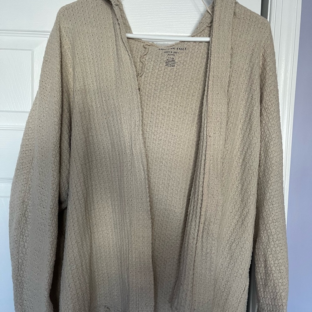 Oatmeal cardigan sweater with a hood